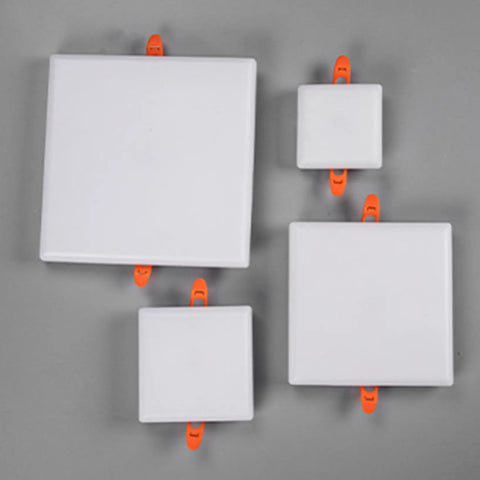VOGHMOLD 9W Square LED Recessed Light, 720LM Frameless Downlight AC85-265V Spotlights Cut Φ45-70mm Ceiling Lighting for Office Living Room, 18 Pack, showing four square fixtures with orange clips.