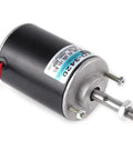 Reversible DC Motor 12V And 24V 30 Watt 3000RPM Copper Wound Silent Brushed Plug And Play Drive System side view with wires and shank.