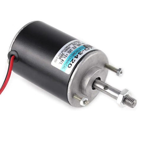 Reversible DC Motor 12V And 24V 30 Watt 3000RPM Copper Wound Silent Brushed Plug And Play Drive System side view with wires and shank.