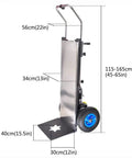Huge 1200 Watt Electric Stair Climbing Hand Truck With 500 Kg Heavy Load Capacity And 48 Volt Battery Powered Sack Caddy, dimensions displayed.