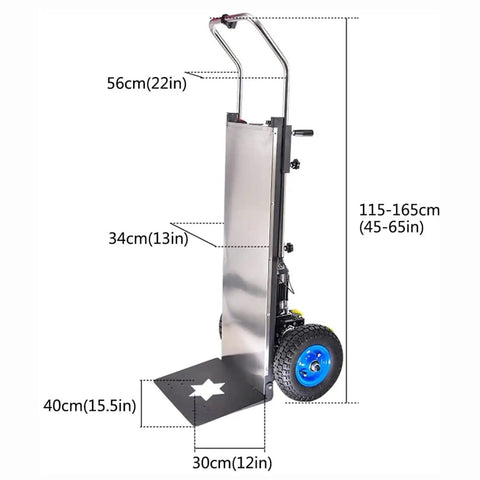 Heavy Duty 1200W Electric Stair Climber Cart With Brushless Motor Lifts Up To 400 Kilos On One Go, dimensions annotated.