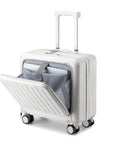 18 Inch Underseat Carry On Luggage With Wheels Lightweight Hard Shell Suitcase For Weekender Trips 180 Degree Top Opening Separate Laptop Compartment Four Smooth Spinner Wheels White, open laptop compartment seen