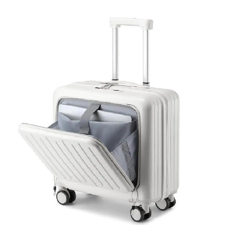 18 Inch Underseat Carry On Luggage With Wheels Lightweight Hard Shell Suitcase For Weekender Trips 180 Degree Top Opening Separate Laptop Compartment Four Smooth Spinner Wheels White, open laptop compartment seen