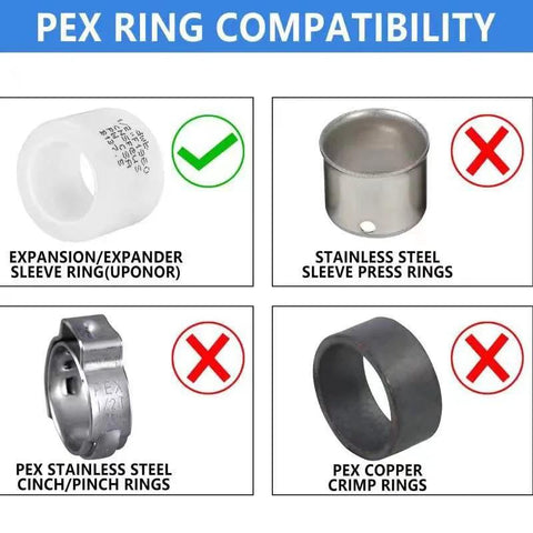 PEX manifold compatibility diagram: expansion sleeve ring accepted; steel press, cinch, and copper crimp rings rejected.