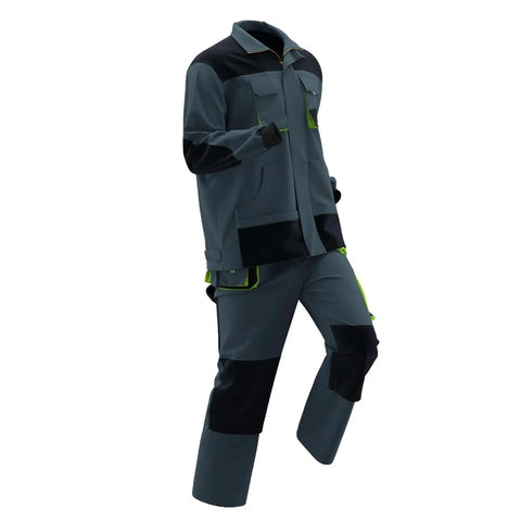 Heavy Duty Mens Work Suit Windproof Jacket And Multi Pocket Cargo Pants Set Reinforced Construction Uniform shown in gray with pockets.
