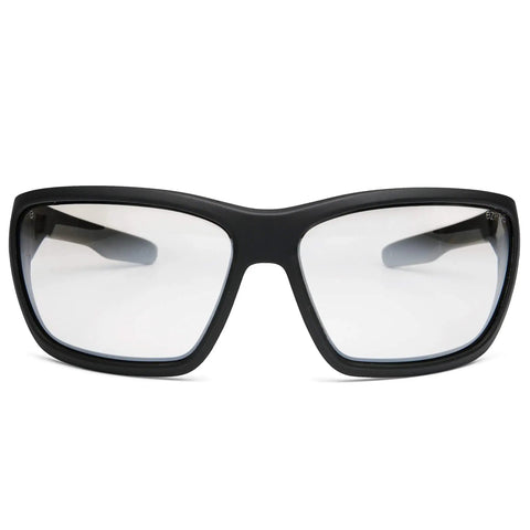 Tough As Nails Anti Fog Safety Glasses With Matte Black Full Wrap Frame, front view, scratchproof polycarbonate lenses for eye protection.