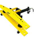 Beast Mode 21 Ton Electric Hydraulic Pipe Bender With Ten Steel Dies For Seven Eighths Through Four Inch Round Tubing Ninety Degree Bend Heavy Duty Garage Workhorse 110V yellow frame with multiple dies and wheels for mobility.