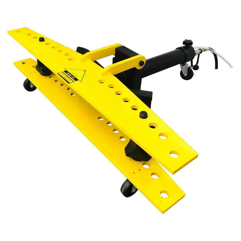 Beast Mode 21 Ton Electric Hydraulic Pipe Bender With Ten Steel Dies For Seven Eighths Through Four Inch Round Tubing Ninety Degree Bend Heavy Duty Garage Workhorse 110V yellow frame with multiple dies and wheels for mobility.