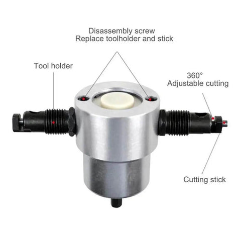 Heavy Duty Pro Grade Double Headed Sheet Metal Nibbler Cutter With 360 Degree Adjustable Heads tool showing disassembly and tool holder.