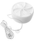 Real Deal Mini Portable Clothes Washer Featuring Ultrasonic Turbo Wash Technology For Quick Refresh Of Delicates Underwear And Socks Perfect For Travel Cruise Or RV Trips, compact white unit with USB cable.