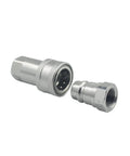 Side view of two silver 1/2 in NPT ISO 5675 hydraulic quick-connect couplers, Pioneer type