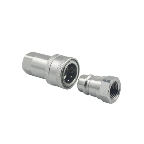 Side view of two silver 1/2 in NPT ISO 5675 hydraulic quick-connect couplers, Pioneer type