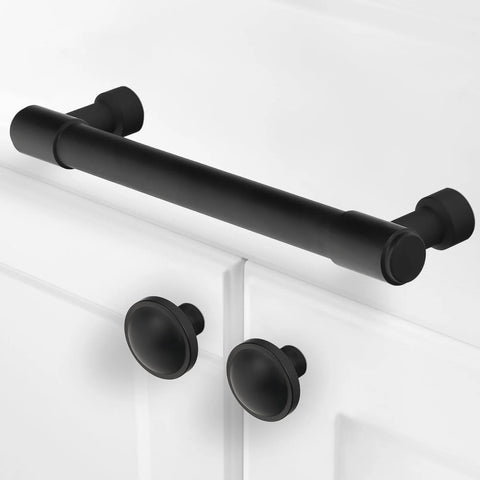 Matte Black Cabinet Pulls 10 Pack 5 Inch 128mm Hole Centers Aluminum Kitchen Cabinet Handles installed on white door