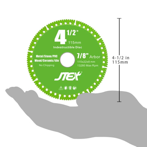 JTEX Indestructible Diamond Disc, 4-1/2 in, 7/8 in arbor, green multi-material blade for metal/stone/tile/PVC (3-pack)