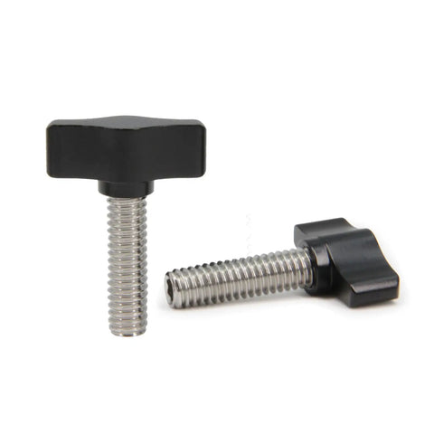 Rock Solid 5/16 X 1 Thumb Screws With Sleek Black Aluminum Knobs And Durable Stainless Steel Threads For Quick No Sweat Diy Builds And Top Shelf Shop Upgrades Pack Of Four showing two screws with black knobs and stainless steel threads.