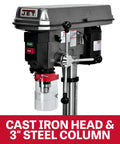 Killer 15 Inch Benchtop Drill Press With 16 Speed Settings And A Beefy 3/4 Hp Motor, featuring cast iron head and 3-inch steel column.