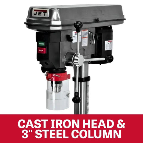 Killer 15 Inch Benchtop Drill Press With 16 Speed Settings And A Beefy 3/4 Hp Motor, featuring cast iron head and 3-inch steel column.