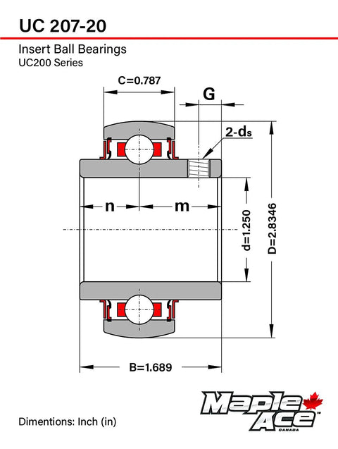 Front cross-section of UC207-20 Maple Ace insert ball bearing, 1-1/4 in bore, red triple-lip seal with set screws