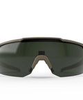 Heavy Duty Tactical Shooting Glasses For Men Featuring Anti Fog Lenses Ansi Z87.1 Certified Ballistic Safety Eyewear front view with tan frame and dark lenses.