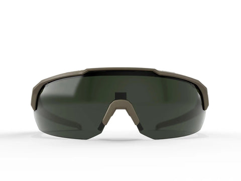 Heavy Duty Tactical Shooting Glasses For Men Featuring Anti Fog Lenses Ansi Z87.1 Certified Ballistic Safety Eyewear front view with tan frame and dark lenses.