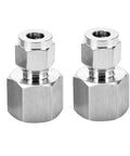 Front view: two stainless steel 304 compression tube fittings, 3/8 in tube OD x 3/8 in NPT female coupler, pack of 2