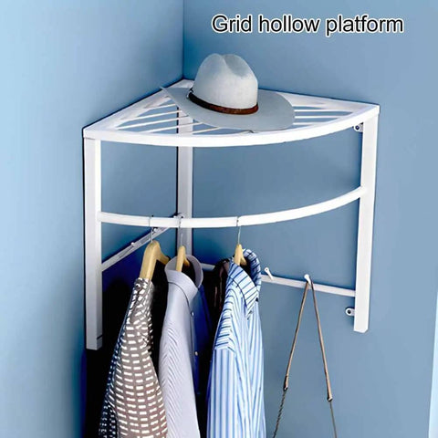 Space Saving Corner Clothes Rack For Laundry Room And Closet, mounted organizer with hanging shirts and hat, durable white metal design.