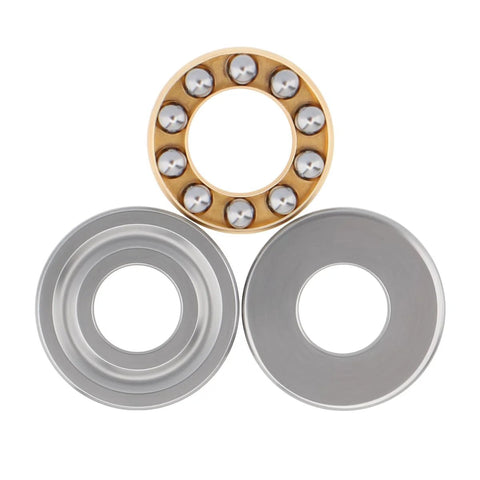Front view of CLAHJQX F8-19M thrust ball bearing set: gold bearing with steel balls and two silver washers