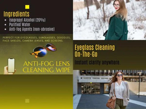 TOVO PRIME anti-fog eyeglasses cleaning wipes collage; 200 individually wrapped wipes with microfiber cloth (6x5 in).