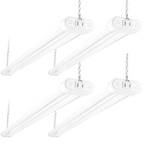 Four Linkable 4 Ft LED Shop Light 44W Replacing 300W Fluorescent, 4600 Lumens 5000K Daylight White, hanging with chains, white