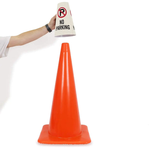 No Parking Reflective Cone Sleeve 6-Pack Turns Any Cone Into A Portable Sign With 360 Degree Visibility And 3-Side Print Non-Adhesive Vinyl Signs For Traffic Safety Cones Waterproof And Weatherproof Cone Not Included displayed above orange cone.
