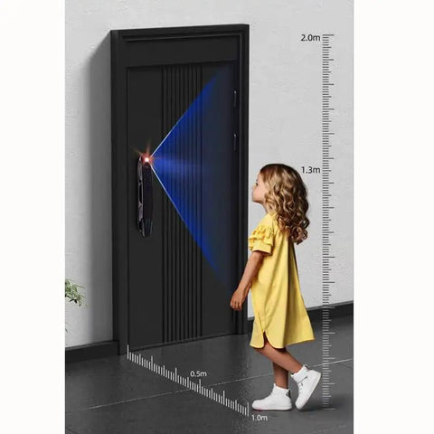 Total Game Changer Outdoor Security Gate Featuring Quick Swipe Fingerprint Lock, Smart Video Doorbell, And Foolproof Keyless Entry For Worry Free Home Protection, child standing by door with sensor.