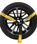 4 Pack Beefed Up Heavy Duty 2 Inch By 10 Foot Wheel Straps securing a car tire with Flat Hooks Lasso Style Tie Downs.