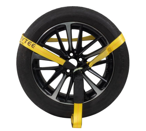 4 Pack Beefed Up Heavy Duty 2 Inch By 10 Foot Wheel Straps securing a car tire with Flat Hooks Lasso Style Tie Downs.