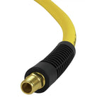 Built Different Three Eighth Inch By Fifty Foot Premium Hybrid Air Hose with solid brass fitting end and flexible yellow rubber.