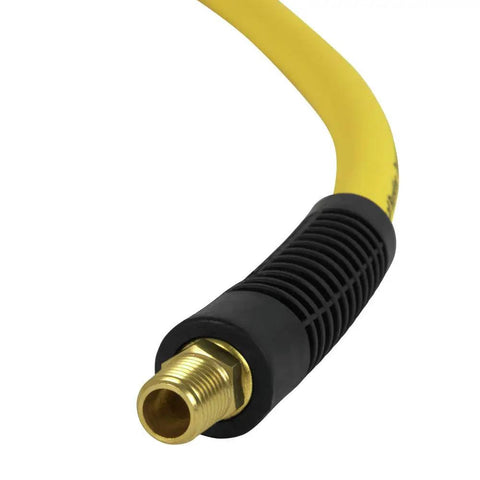 Built Different Three Eighth Inch By Fifty Foot Premium Hybrid Air Hose with solid brass fitting end and flexible yellow rubber.