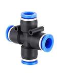 Bulk 50 Pack PZA Pneumatic Plastic Fittings Quick Connectors For Water Hose And Air Lines, 4 Way And 5 Way, black plastic with blue edges