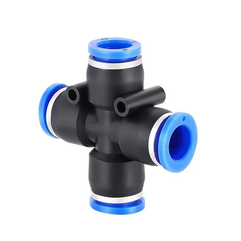 Bulk 50 Pack PZA Pneumatic Plastic Fittings Quick Connectors For Water Hose And Air Lines, 4 Way And 5 Way, black plastic with blue edges