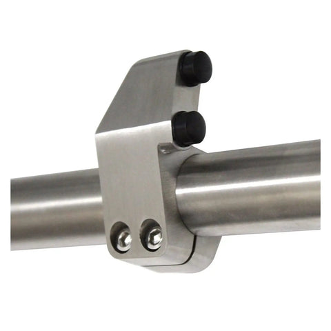 Close-up of Heavy Duty Sliding Barn Door Hardware Kit in Brushed Stainless Steel showing smooth glide roller attachment.