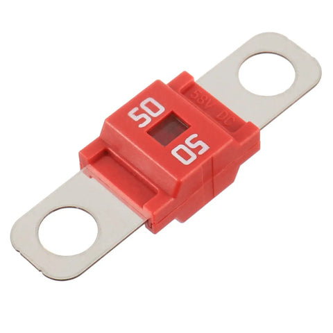 Top Shelf Heavy Duty 50 Amp Midi Fuse Holders And Bolt On High Current Screw Fuses Pack Of Two, red fuse, 50A capacity, with terminals.