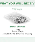 Kickass 100 Pack Three Quarter Inch Steel Wire Buckles For Woven Cargo Straps With Heavy Duty Load Rating And Reusable Quick Release Design For Securing Truck Gear in a bag.