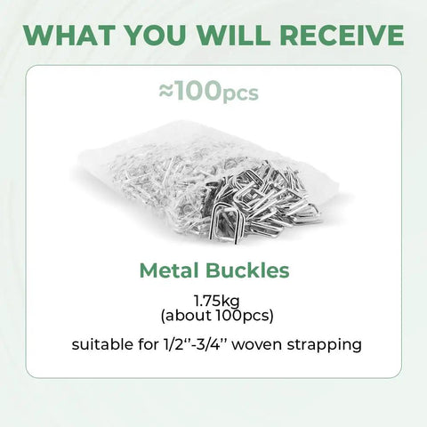 Kickass 100 Pack Three Quarter Inch Steel Wire Buckles For Woven Cargo Straps With Heavy Duty Load Rating And Reusable Quick Release Design For Securing Truck Gear in a bag.