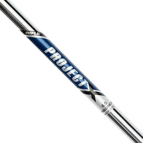 Project X 6.0 stiff flex steel iron golf shaft from the Seven Piece Kit with chrome finish for smooth swing control.