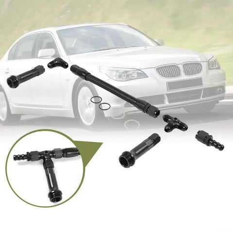Upgrade Your Ride With This Rock Solid Holley AN6 Three Way Fuel Line Conversion Kit Designed For 4150 Carburetors To Ensure Smooth Flow And Serious Engine Efficiency No More Leaks Just Pure Performance. Black AN6 three-way fuel line conversion kit with fittings for 4150 carburetors, shown in T-setup
