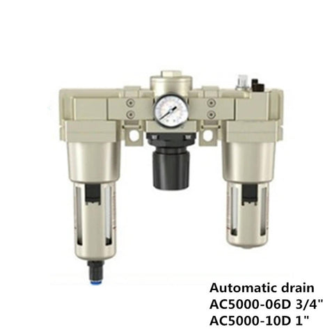 Modular F.R.L. Units With Solenoid Valves And Pressure Regulating Valve Color AF2000-02D Includes AC2000-02 To AC5000-10 Models And D Variants Compact Pro-Grade Industrial Pneumatic Air Preparation Kit, featuring dual filtration and regulation cylinders with gauge.