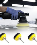 Two Inch Hook And Loop Sanding Backing Pad Kit With One Quarter Inch Shank Adapters Foam Buffer Pads And 50 Mm Discs in use with rotary tool