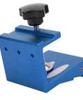 Straight Shooting Aluminum Pocket Hole Drill Guide Dead On Woodworking Jig And Compact Hole Punch Locator For Solid Furniture Assembly And Easy DIY Builds In Blue, blue aluminum jig with black knob.
