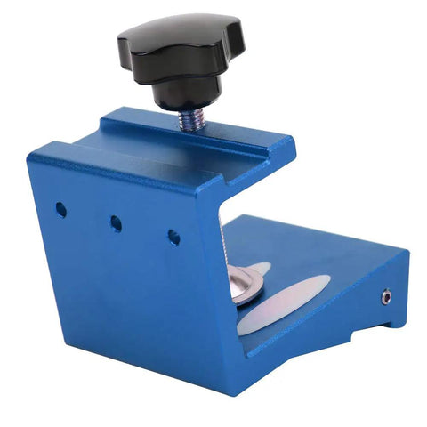 Straight Shooting Aluminum Pocket Hole Drill Guide Dead On Woodworking Jig And Compact Hole Punch Locator For Solid Furniture Assembly And Easy DIY Builds In Blue, blue aluminum jig with black knob.
