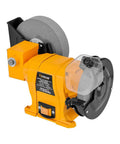 Heavy Duty Wet Dry Bench Grinder With Six And Eight Inch Grinding Wheels Powered By A Rugged 2.1 Amp Motor, showcasing aluminum base and grinding wheels.