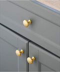 Solid Brass Cabinet Pulls Set Of 10 Round Brushed Brass Handles For Cabinets And Drawers Modern Kitchen Hardware installed on gray drawers