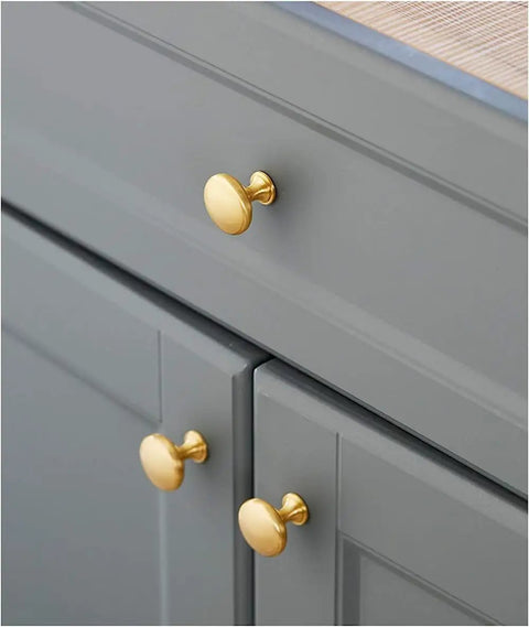 Solid Brass Cabinet Pulls Set Of 10 Round Brushed Brass Handles For Cabinets And Drawers Modern Kitchen Hardware installed on gray drawers